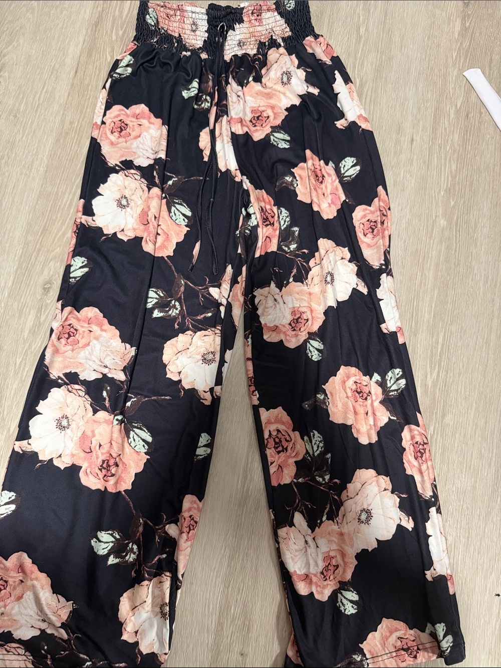 Smocked Waist Black Floral Wide-Leg Pants - Pink Rose Print